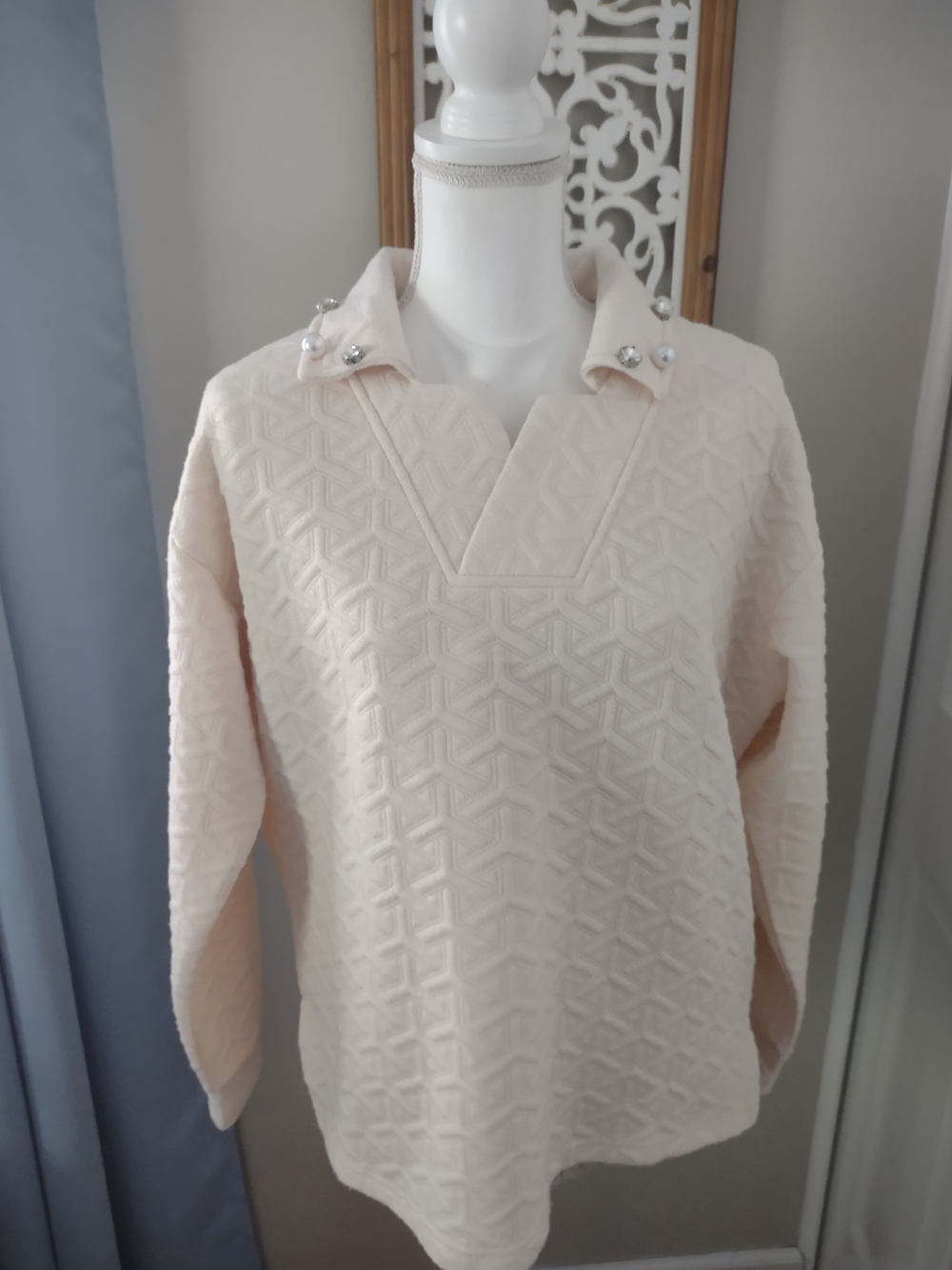 Simply Southern Cream Textured V-Neck Sweater with Jeweled Collar
